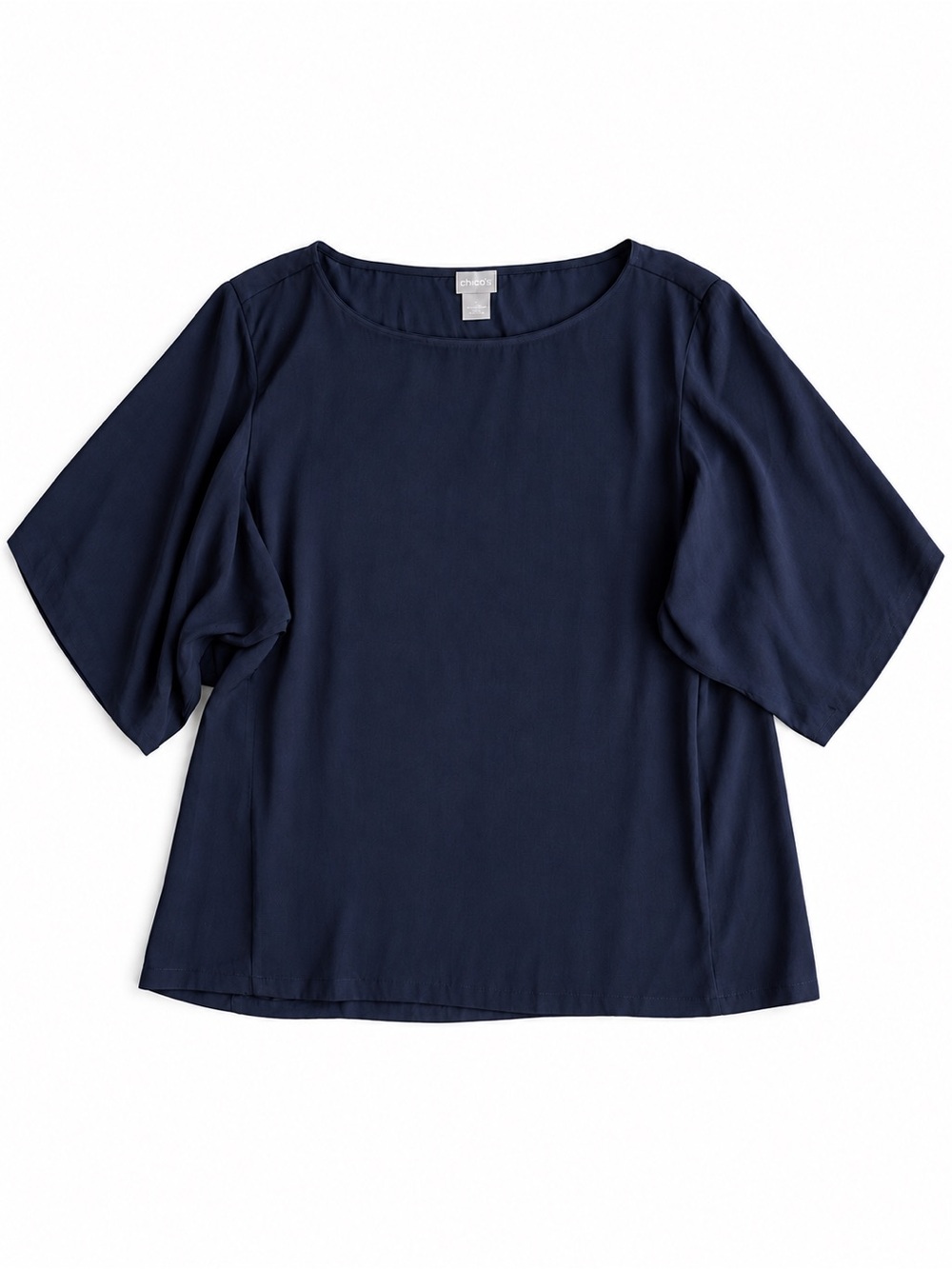 Chico’s Drape Sleeve Blouse Pullover Top Classic Preppy Navy Size 2 (12/14)